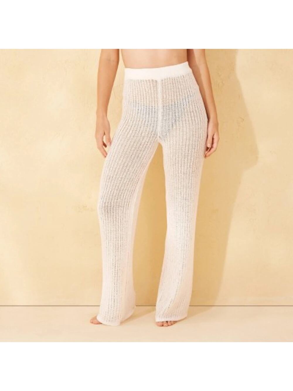 Shade & Shore Crochet Beach Pants Medium 10-12 Flared Cream Beige High Rise Knit